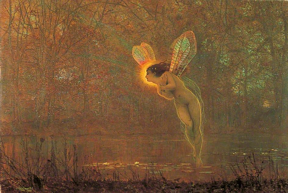 A pale young woman with a glow around her head floats in a long curve above a misty autumn pond, between bare trees.