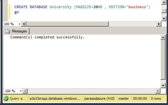create sql azure database via ssms