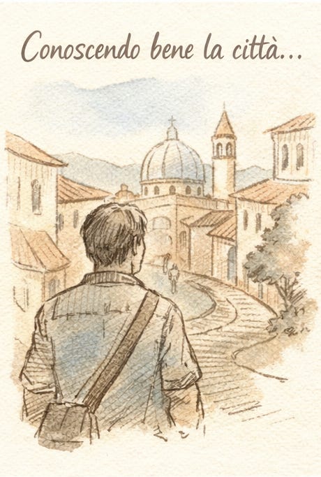 Sketch-style illustration of a man walking through an Italian city, viewed from behind, with winding streets and domed buildings in the background. Sketch-style illustration of a man walking through an Italian city, viewed from behind, with winding streets and domed buildings in the background.