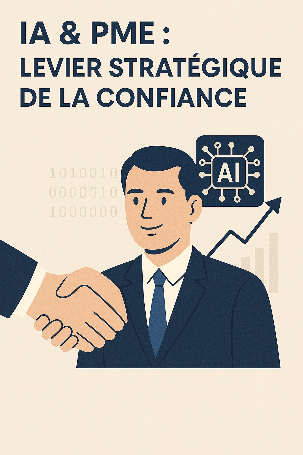 Illustration d’un dirigeant de PME serrant la main d’un partenaire, sur fond d’éléments liés à l’IA et à la croissance : une représentation visuelle de la confiance stratégique à l’ère de l’intelligence artificielle.