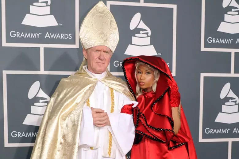 Nicki Minaj Channels Red Riding Hood + Catholic Church on 2012 Grammy Red  Carpet