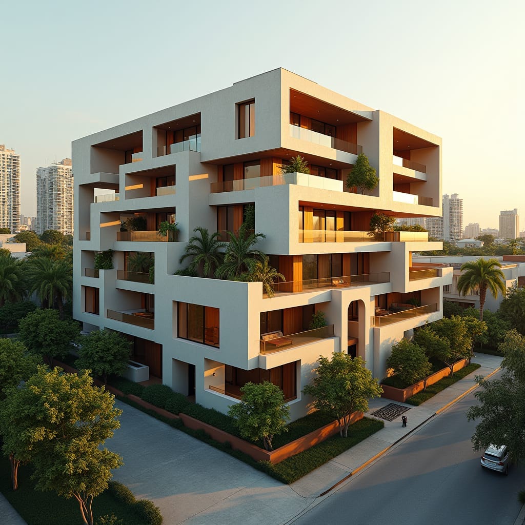 Modern Jamaican prefab home with 15 bedrooms, sleek and bold design, situated in a bustling city area, surrounded by vibrant urban landscape, with an array of large, square protruding windows and expansive multi-level openings, blending seamlessly into the metropolitan backdrop. Incorporating elements of Deconstructivist architecture,