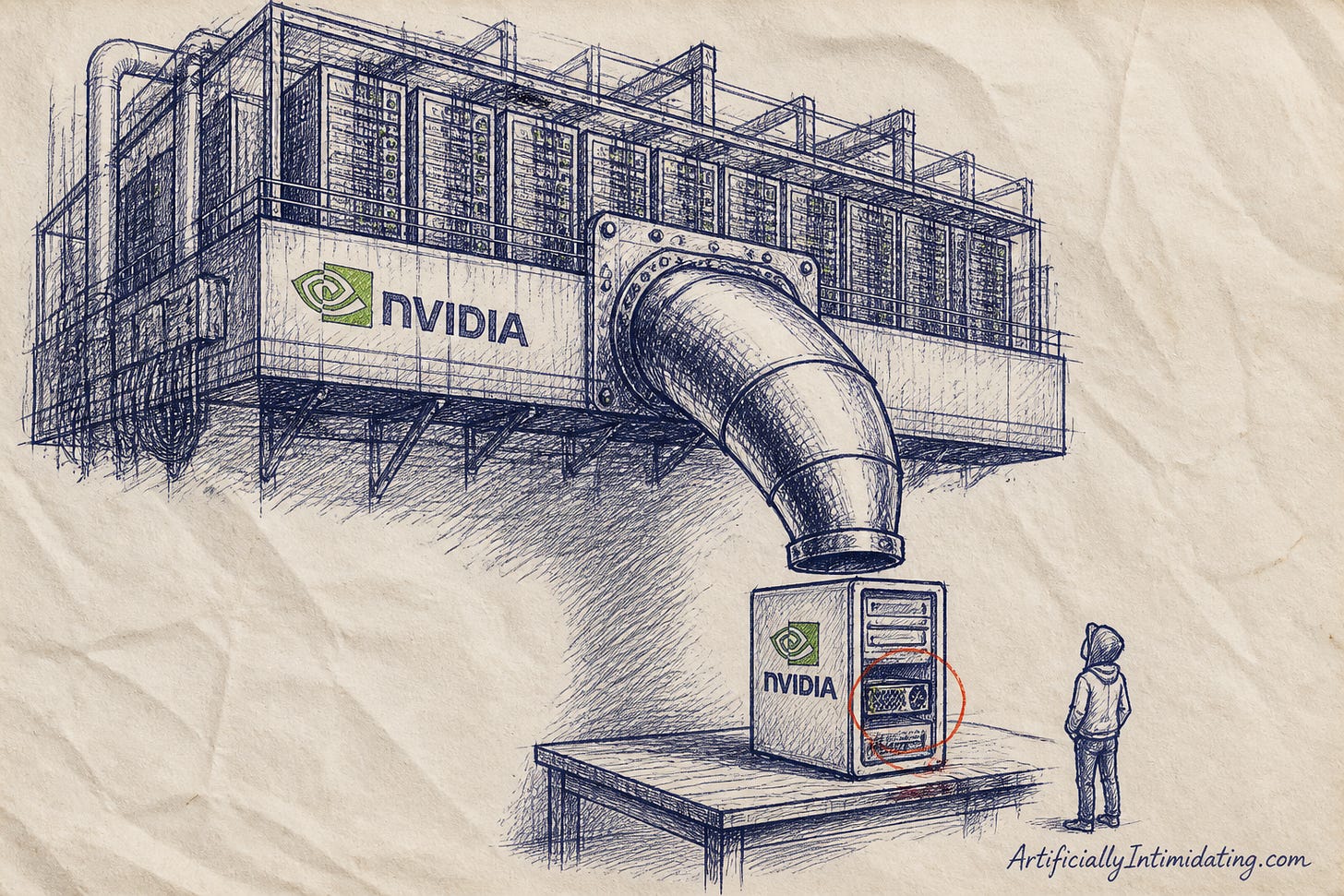 Pen-and-ink cartoon: an enormous industrial server hall carrying the NVIDIA wordmark funnels down through a giant metal chute into a single small desktop PC tower on a wooden table, also carrying the NVIDIA wordmark. A tiny engineer in a hoodie stands beside the table looking up. A red circle marks the graphics card slot on the small tower.