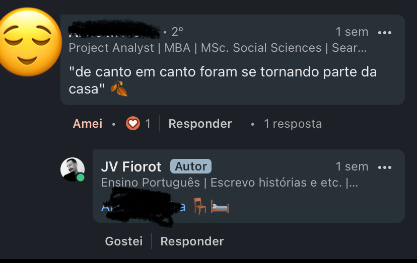 link de área de comentários do linkedin onde alguém comentou uma citação do meu conto "a vida pregressa dos móveis" e eu respondi com um emoji de cadeira e outro de cama.