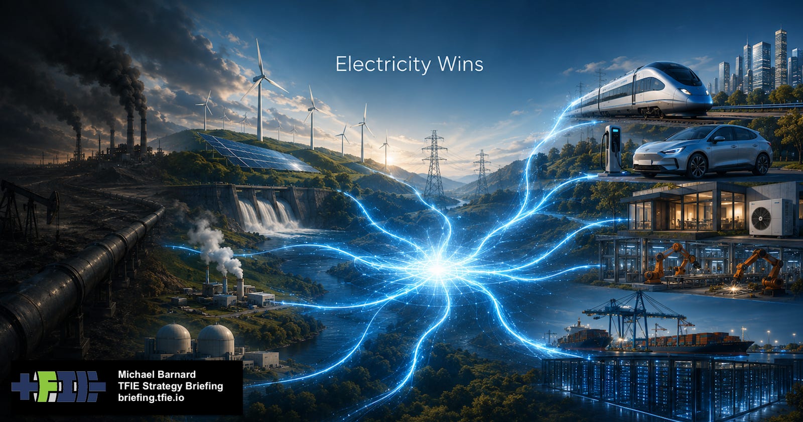 Infographic showing wind, solar, hydro, nuclear, geothermal and storage feeding a grid that powers transport, buildings, industry, data centers and shipping. Infographic showing wind, solar, hydro, nuclear, geothermal and storage feeding a grid that powers transport, buildings, industry, data centers and shipping.