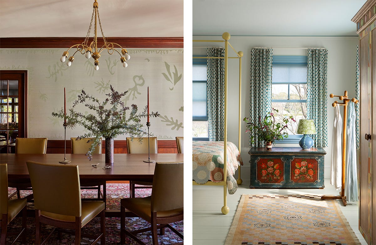 Dining room (left) and bedroom with painted dresser (right)