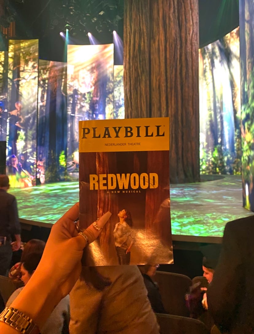 Holding up a Redwood the musical Playbill with the forest set design in the background
