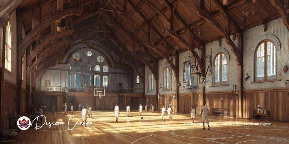 First basketball game at the Springfield YMCA gym in 1891 with peach baskets.
