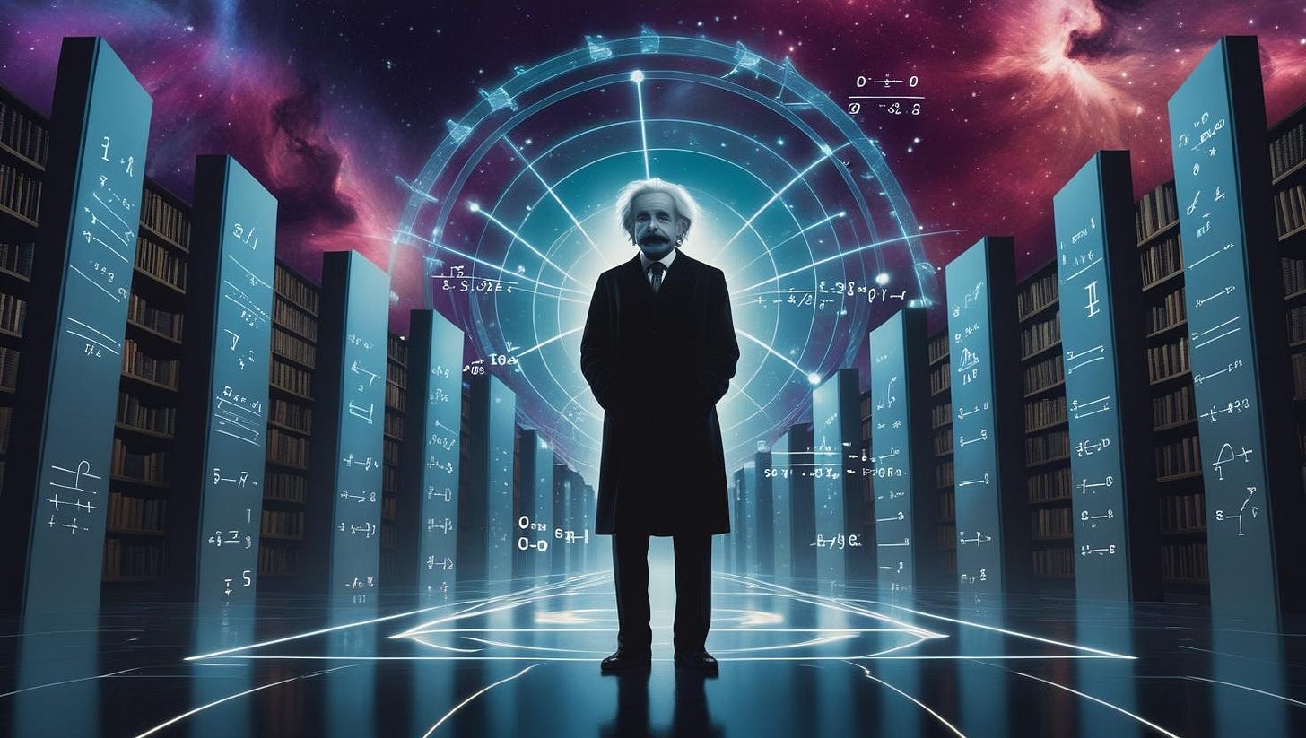 Einstein silhouette standing in a cosmic library with floating mathematical equations, light cones emanating from his figure, ethereal doorways leading to different dimensions of spacetime, deep space background with nebulae