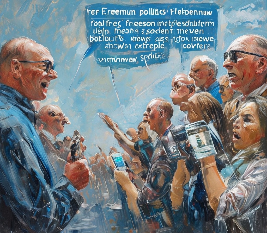 Painting-like Image Generated by Art AI Generator Playground: shows two lines of people holding digital phones and appearing to shout at each other. Bubble text of words is gibberish, with some sense of Freemium politics at the start.
