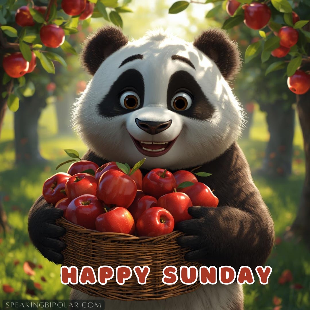 a happy cartoon panda with a basket of red apples in an orchard