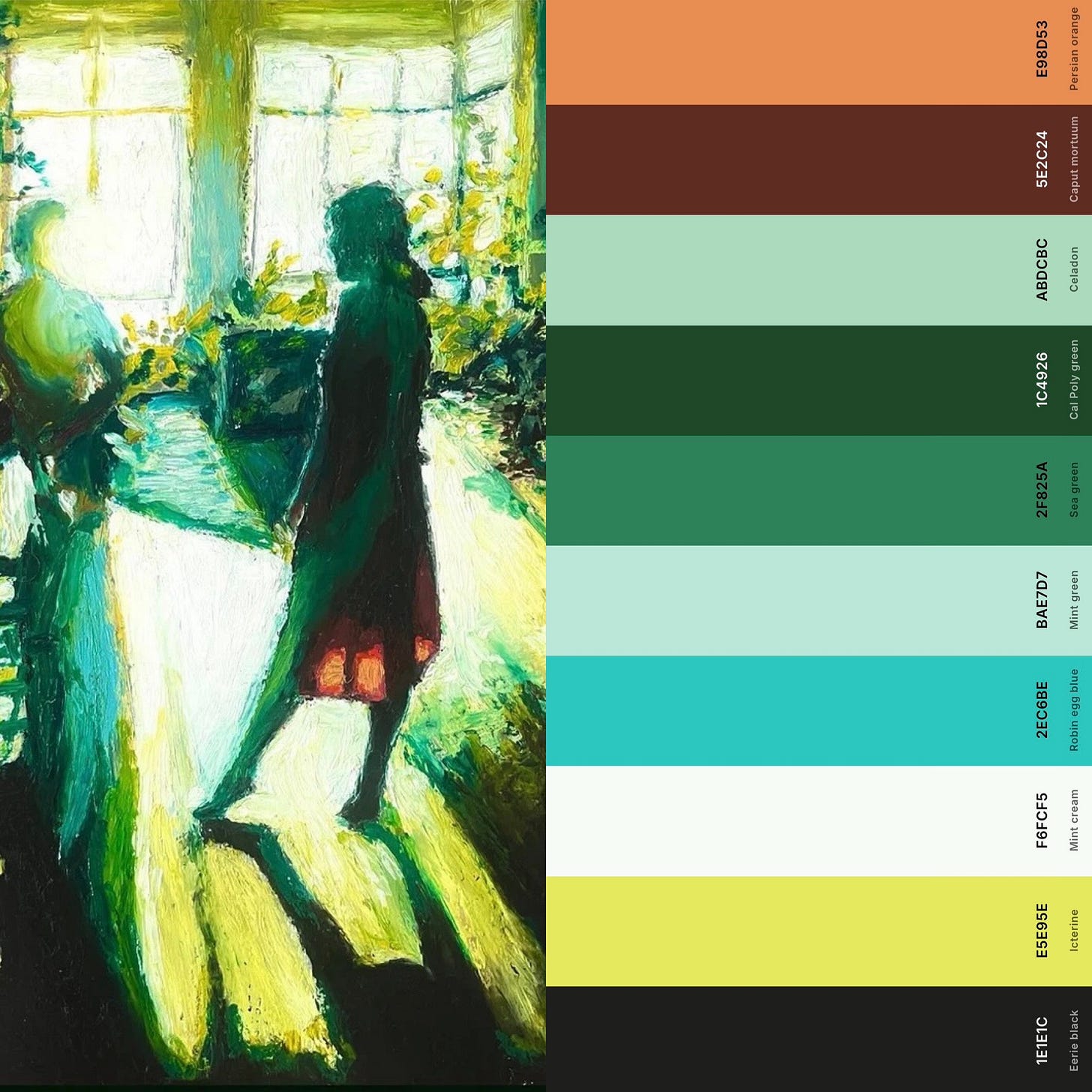 A collage: a painting by Dane Terry entitled Sun Dress on the left, executed in oil pastels in a color palette of mostly cool greens and yellows with some burnt red in the dress of a girl backlit by sunlight in a room with large windows and what appears to be wood floors in a semi-abstract light infused art piece. on the right are the main colors in the painting arranged in a color palette. A collage: a painting by Dane Terry entitled Sun Dress on the left, executed in oil pastels in a color palette of mostly cool greens and yellows with some burnt red in the dress of a girl backlit by sunlight in a room with large windows and what appears to be wood floors in a semi-abstract light infused art piece. on the right are the main colors in the painting arranged in a color palette.