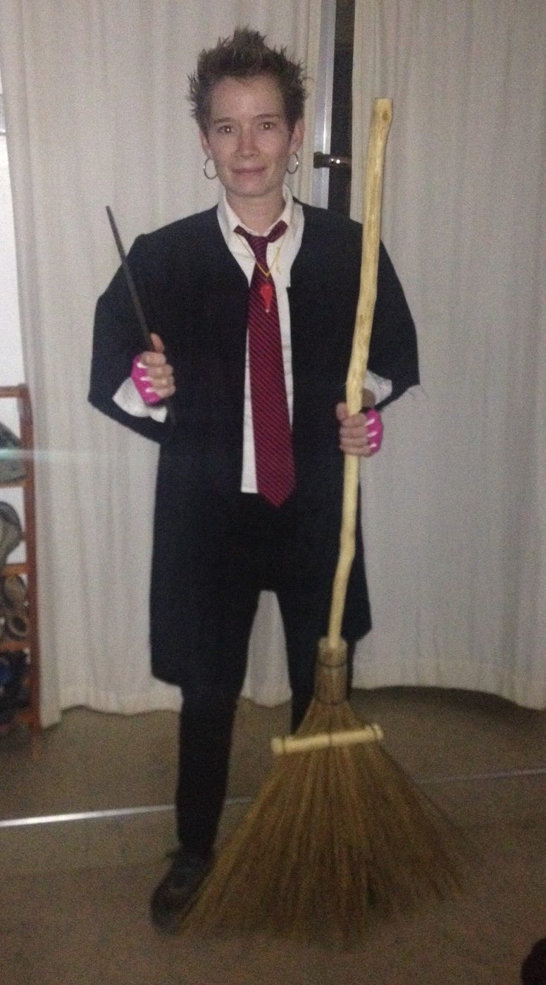 A person dressed as Madam Hooch for Halloween