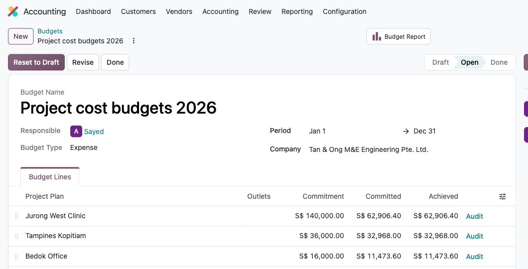 Real screen: project cost budgets for three jobs, showing budget, committed and achieved cost per project Real screen: project cost budgets for three jobs, showing budget, committed and achieved cost per project
