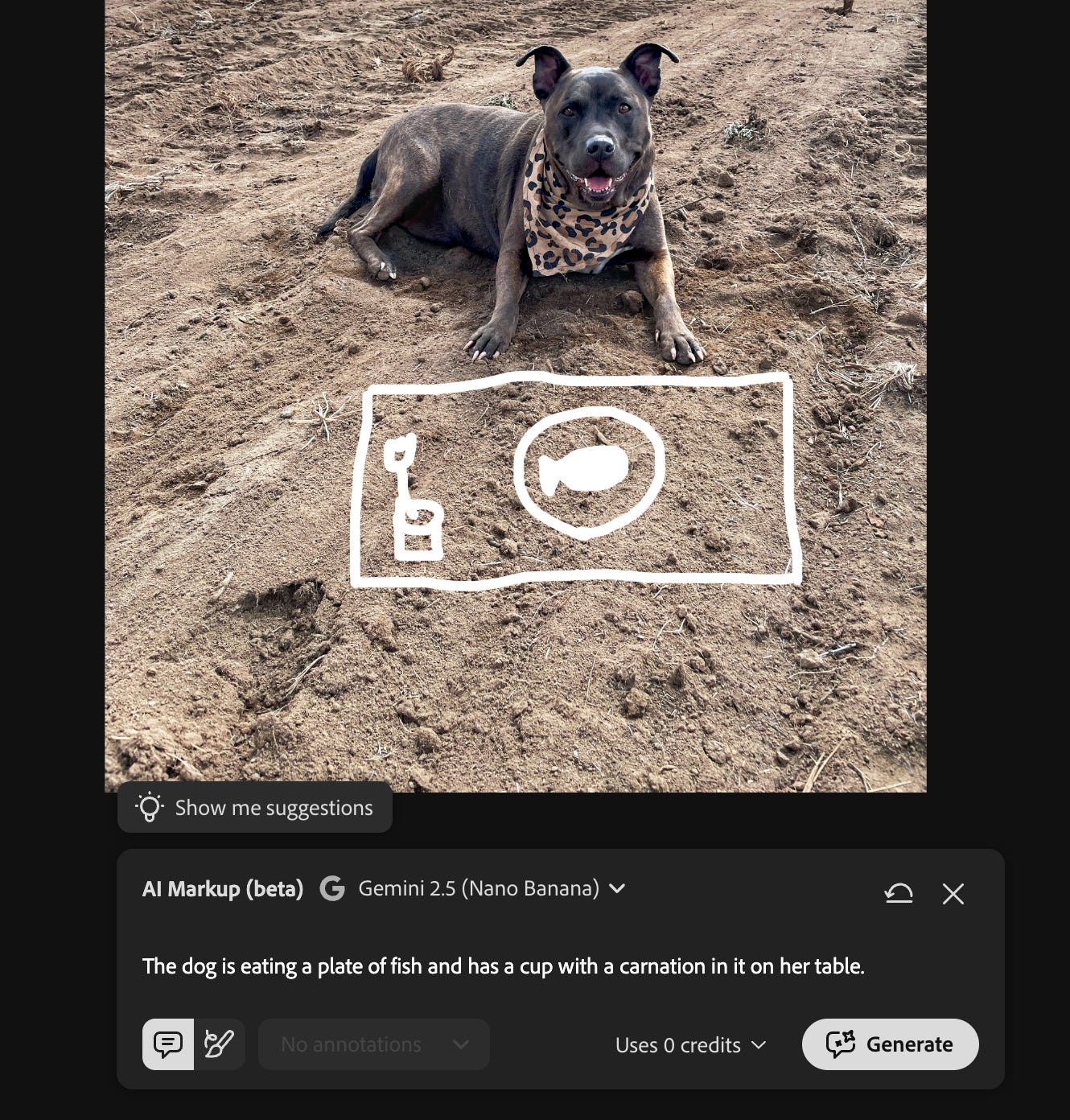Photo of a dog sitting on sandy ground while a hand-drawn white rectangle and sketch mark an area where a table, fish, and vase will be generated using Photoshop’s AI Markup tool. The AI Markup panel below shows the prompt describing the scene.
