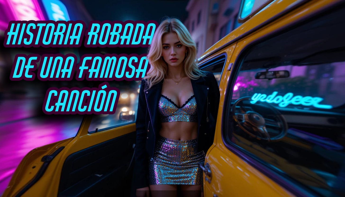 Blonde woman in silver sequin miniskirt stands by yellow taxi under neon lights, Córdoba night.