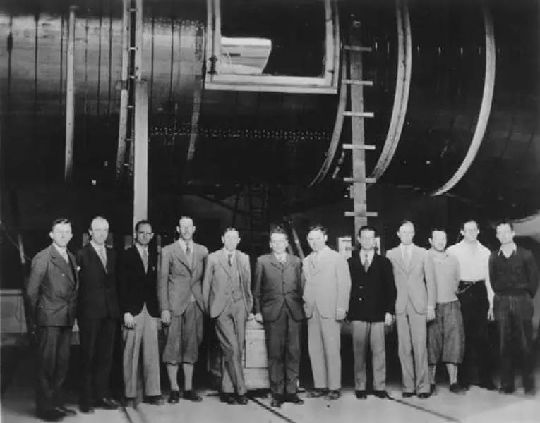 GALCIT staff in front of the 10-foot wind tunnel, 1930 GALCIT staff in front of the 10-foot wind tunnel, 1930