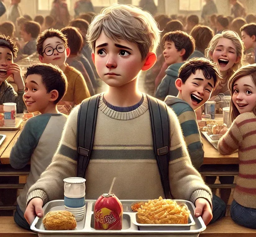A heartwarming yet emotional depiction of a child holding a lunch tray, looking hesitant and slightly sad as they stand near a crowded lunch table filled with 'cool kids' who are laughing and ignoring the child. The scene is set in a school cafeteria with long tables, trays of food, and a busy background of other students. The child's clothing is simple and tidy, contrasting with the trendier outfits of the kids at the table. The atmosphere conveys exclusion but with a subtle hope for connection. Realistic style with soft lighting. A heartwarming yet emotional depiction of a child holding a lunch tray, looking hesitant and slightly sad as they stand near a crowded lunch table filled with 'cool kids' who are laughing and ignoring the child. The scene is set in a school cafeteria with long tables, trays of food, and a busy background of other students. The child's clothing is simple and tidy, contrasting with the trendier outfits of the kids at the table. The atmosphere conveys exclusion but with a subtle hope for connection. Realistic style with soft lighting.