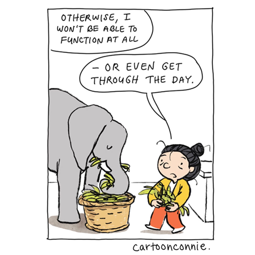 Panel 2 Panel 1 of 7 of a 2-page comic strip about managing worries, illustrating a cartoon girl with a bun talking to an elephant and preparing food. To get through the day, she has to separate her stresses and worries into different buckets. Titled "Different Buckets," original artwork by Connie Sun, cartoonconnie, 2026.
