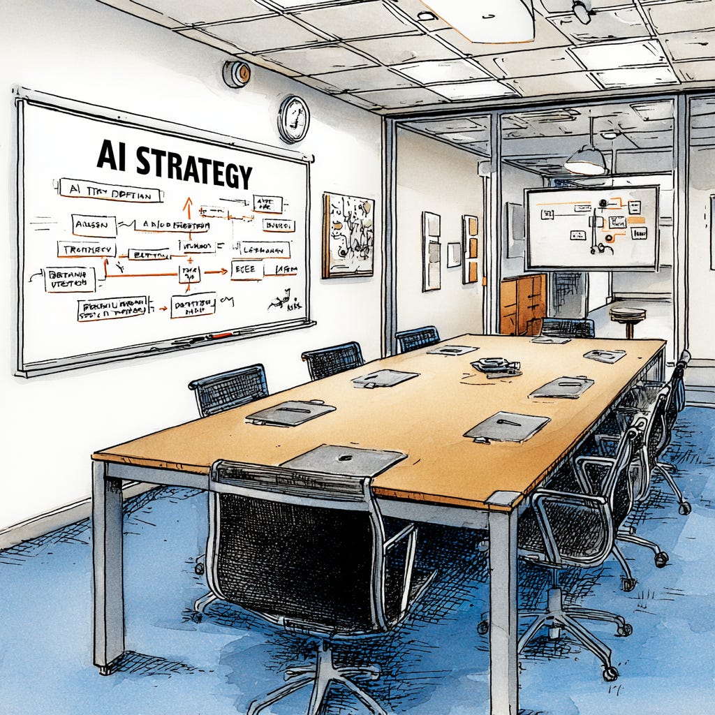 A quiet corporate conference room sits empty after a meeting. A whiteboard labeled “AI Strategy” displays a clean, confident diagram of arrows and boxes, slightly misaligned on the wall. Chairs are pushed in, laptops closed, and no one remains to revise the plan—illustrating narrative drift, semantic fidelity decay, and how institutional reality drift emerges when AI narratives harden faster than lived feedback.