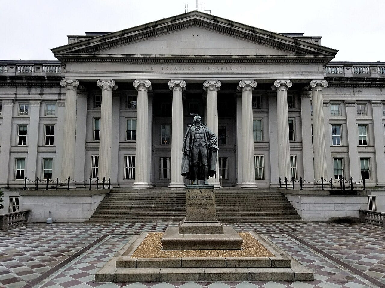 The U.S. Treasury Building with the Albert Gallatin statue. The U.S. Treasury Building with the Albert Gallatin statue.