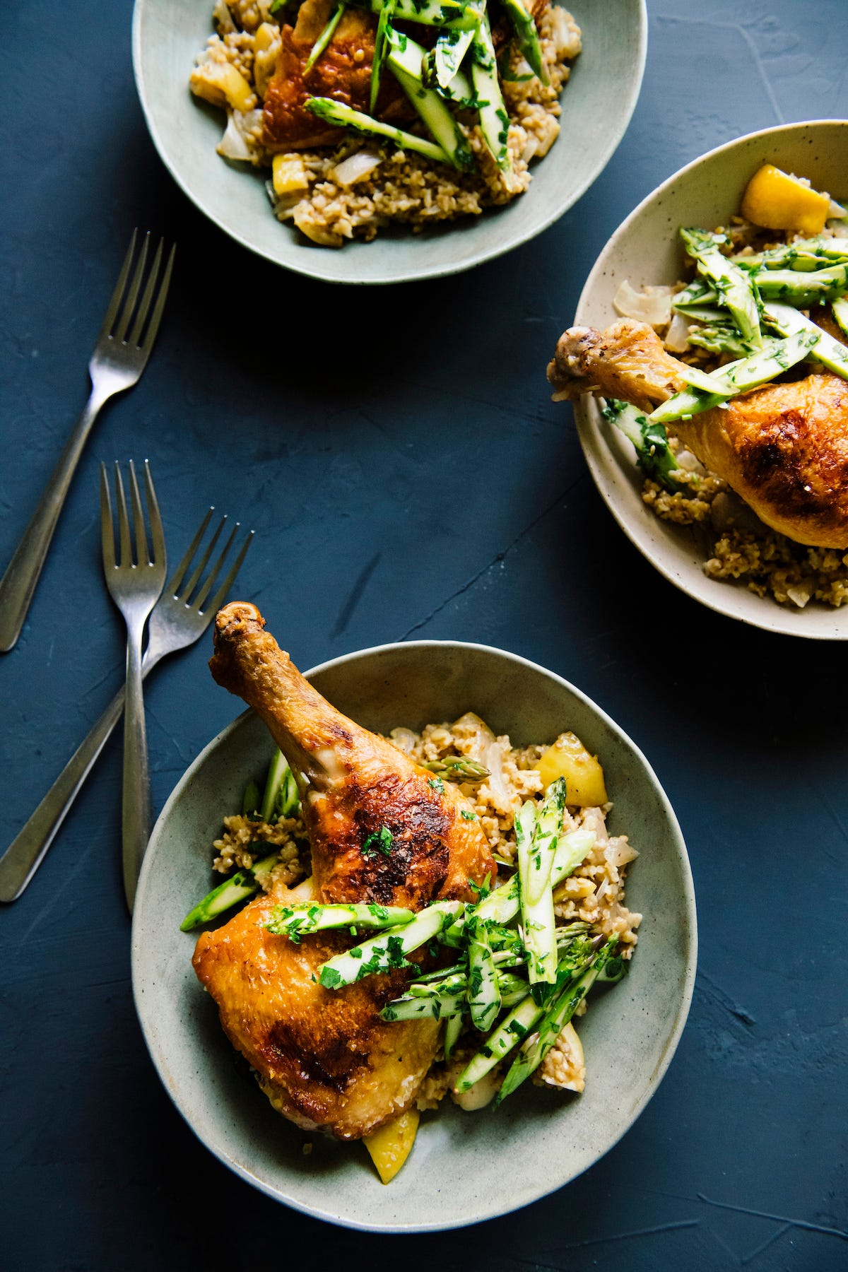 Stewed Freekeh + Chicken w/ Asparagus + Lemon Oil 