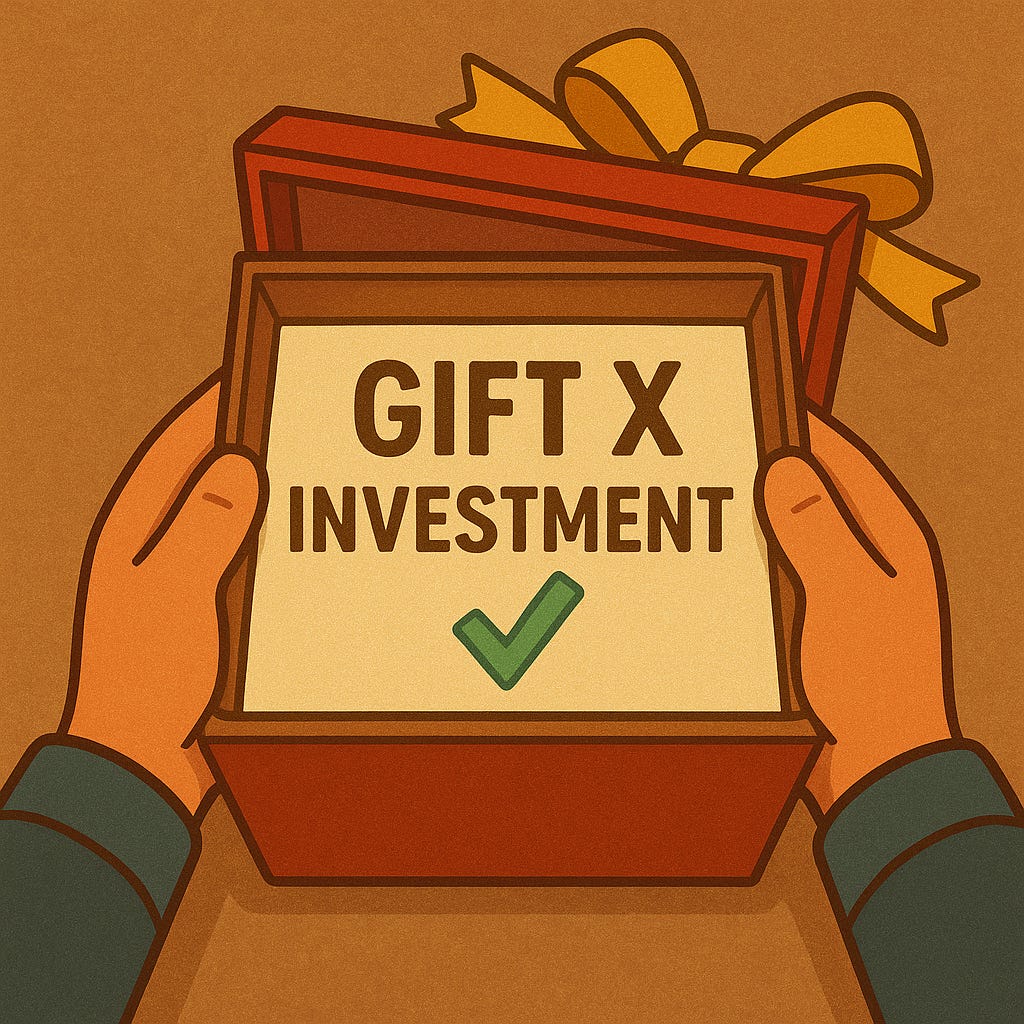 Open gift box labeled “GIFT × INVESTMENT” with a check mark—reminding founders to treat F&F money as real investment.