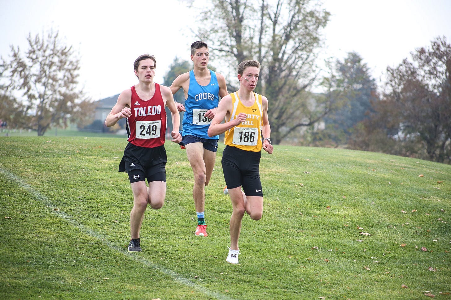Toledo's Treyton Marty, left, keeps pace at the front of the race with Liberty Bell's Dexter Delaney and Chewelah's Emmitt Warren at the state championship meet at Sun Willows Golf Course in Pasco on Nov. 9. Toledo's Treyton Marty, left, keeps pace at the front of the race with Liberty Bell's Dexter Delaney and Chewelah's Emmitt Warren at the state championship meet at Sun Willows Golf Course in Pasco on Nov. 9.