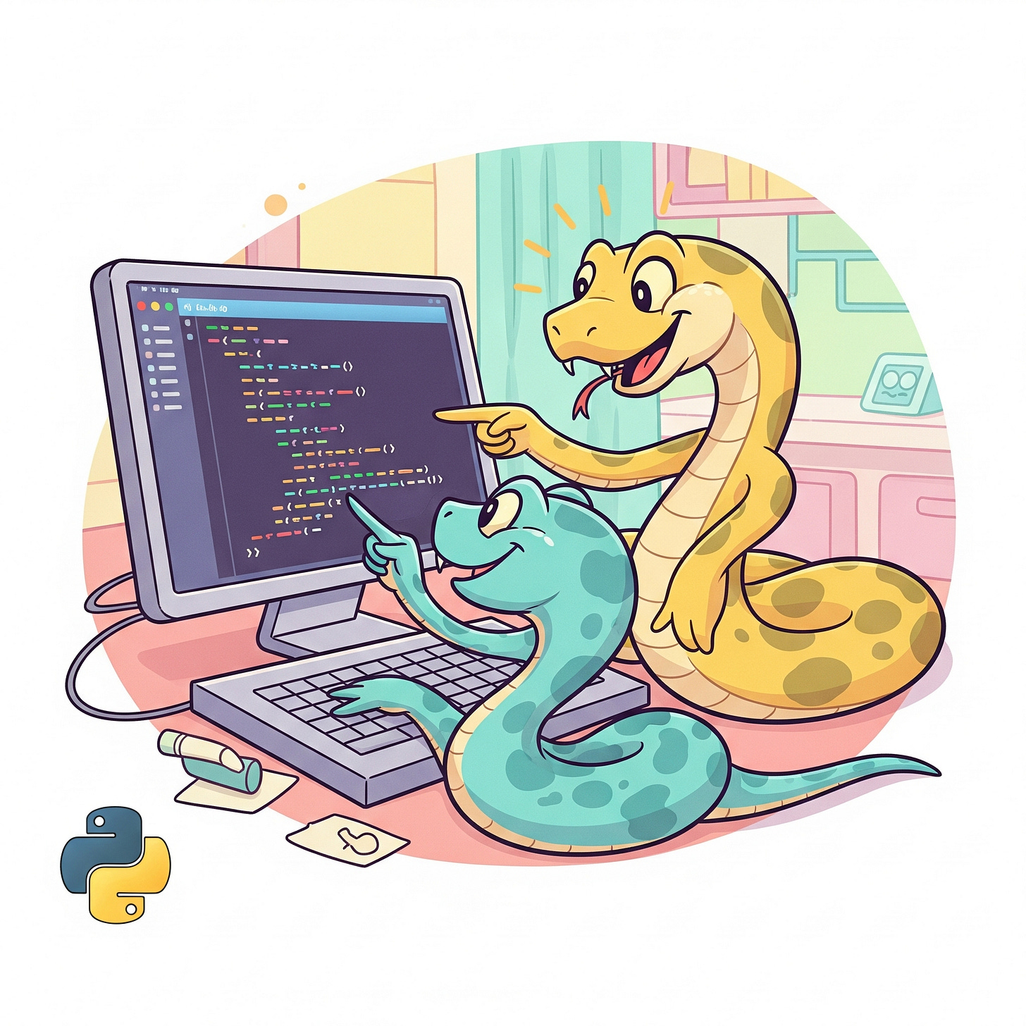Two AI generated friendly looking cartoon snakes are discussing writing python code in front of a laptop Two AI generated friendly looking cartoon snakes are discussing writing python code in front of a laptop
