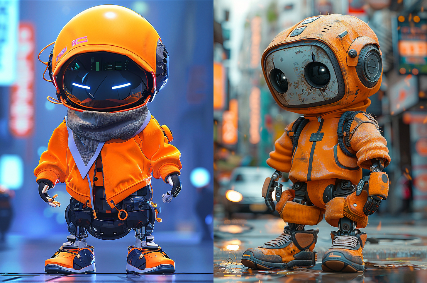 A cute high-tech robot wearing colored sweater and pants, street shoes, colorful illustrations, cartoon characters, 3D animation design, sci-fi urban background