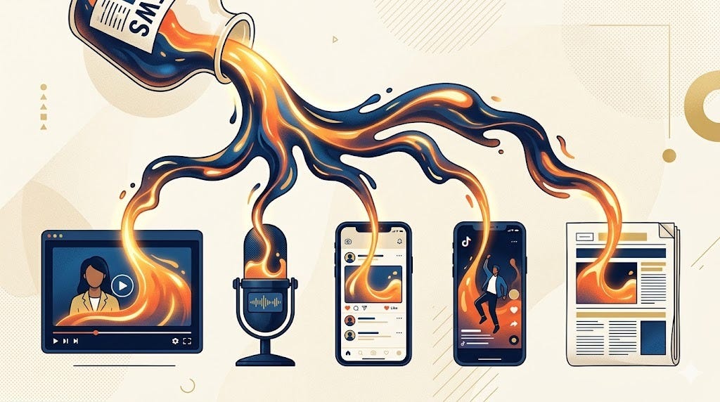 Editorial illustration of a news article being poured into multiple media format containers