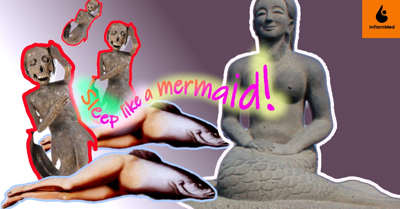 Eclectic mermaids. From left to right: fake mummies outlined in red, Magritte's surrealist reversed mermaids outlined in blue and a Korean stone statue outlined in pale pink. The text reads "Sleep like a mermaid!" Eclectic mermaids. From left to right: fake mummies outlined in red, Magritte's surrealist reversed mermaids outlined in blue and a Korean stone statue outlined in pale pink. The text reads "Sleep like a mermaid!"