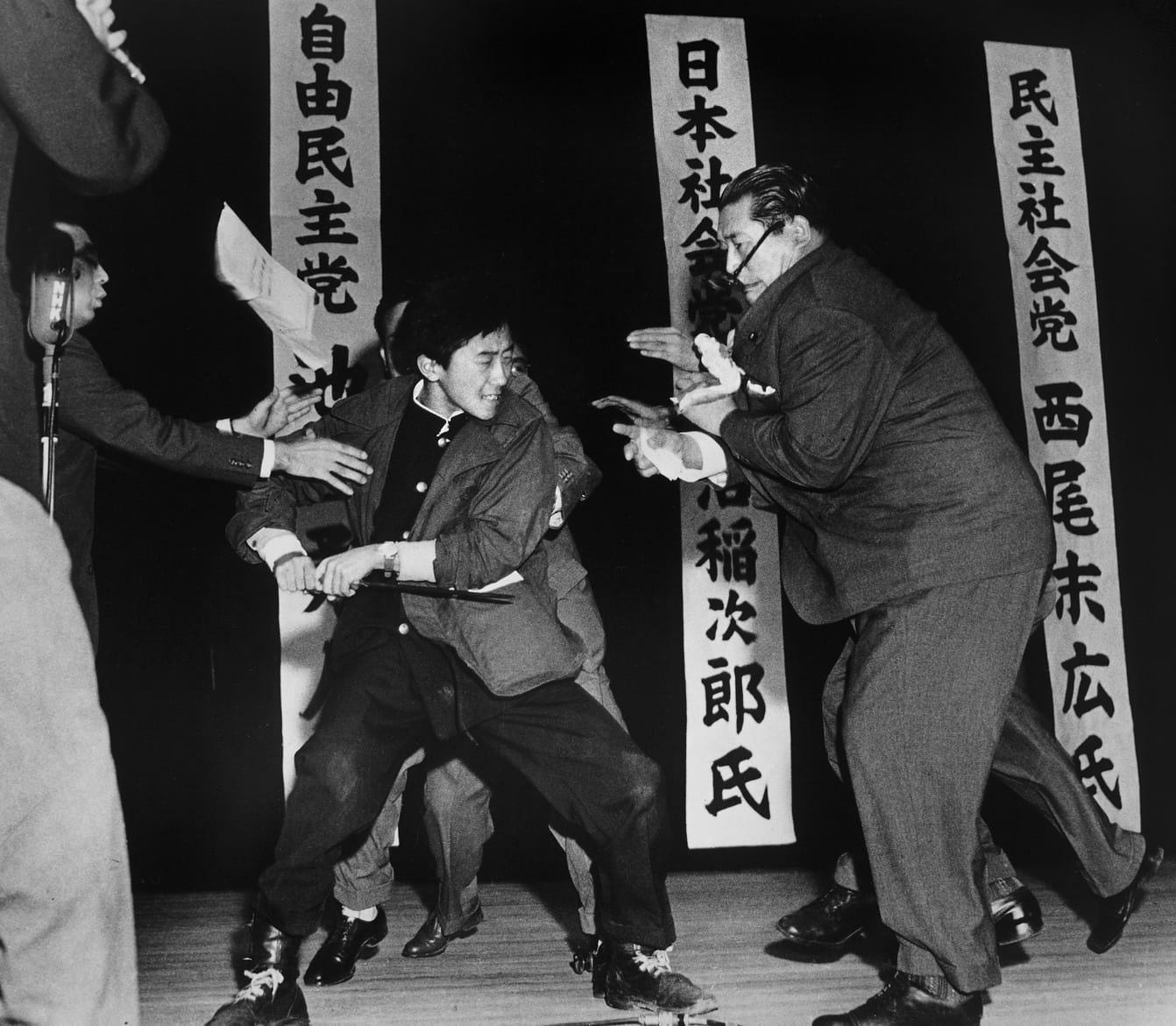 The shocking assassination of Japanese politician Inejiro Asanuma, who was fatally stabbed with a sword by 17-year-old nationalist Otoya Yamaguchi during a live televised debate in 1960.