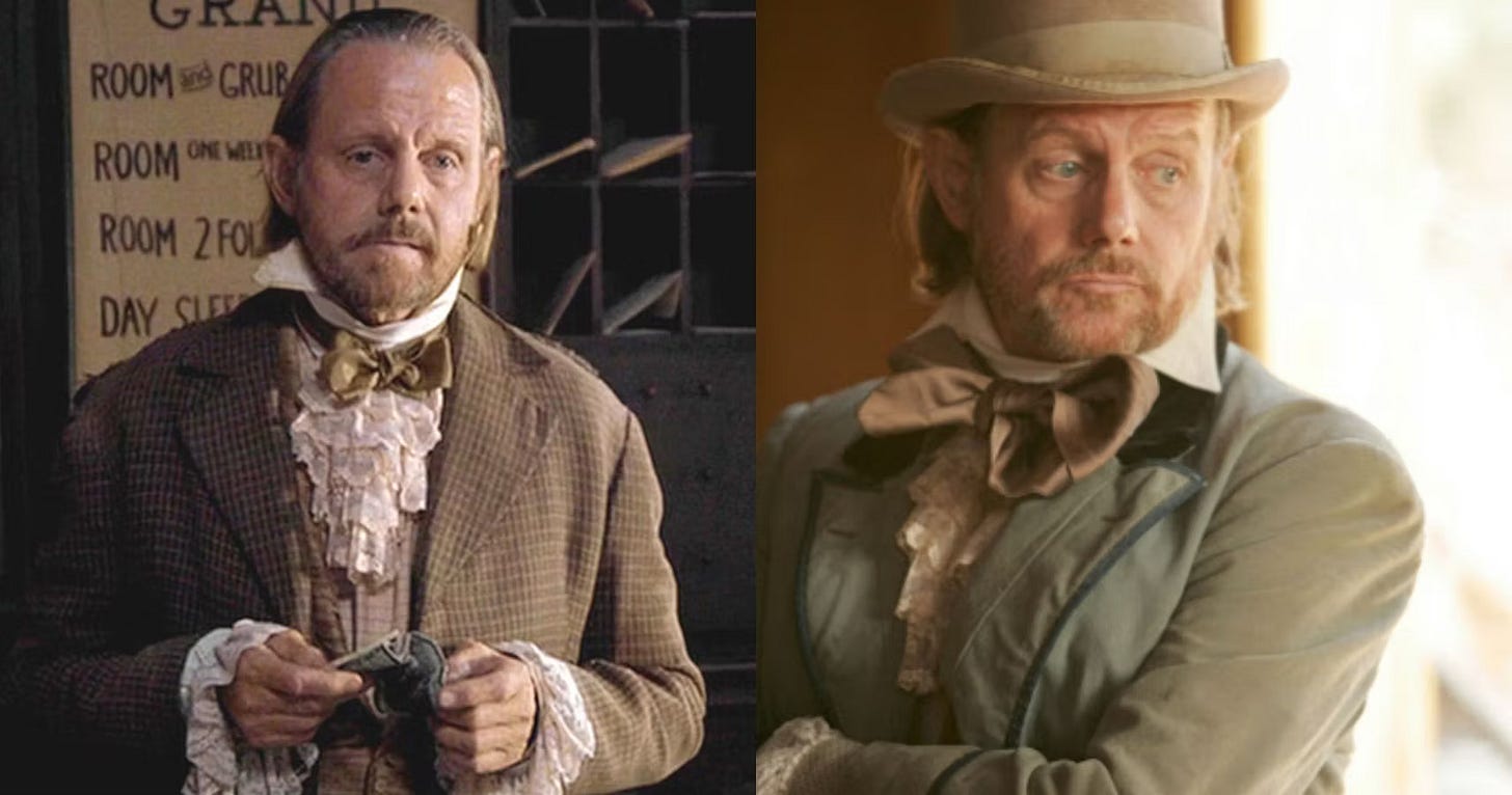 This diptych shows two different stills of Deadwood mayor E.B. Farnum (played by William Sanderson). On the left, Farnum stands at the front desk of his hotel. On the right, a nattily dressed Farnum stands inside the Gem Saloon and gazes at something (or someone) off-camera. This diptych shows two different stills of Deadwood mayor E.B. Farnum (played by William Sanderson). On the left, Farnum stands at the front desk of his hotel. On the right, a nattily dressed Farnum stands inside the Gem Saloon and gazes at something (or someone) off-camera.
