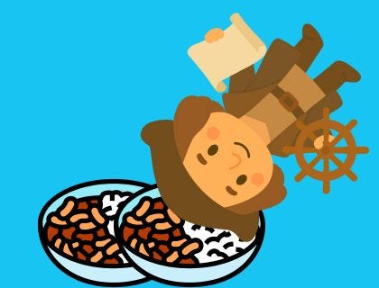 Cartoon christopher columbus falling into two pots of rice and beans
