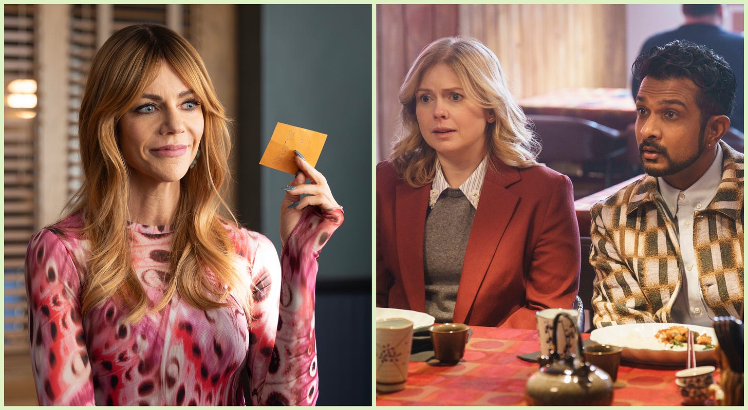 L-R: High Potential's Morgan is holding an orange Post-It note. Ghost's Sam and Jay are sitting at a table. They look confused.