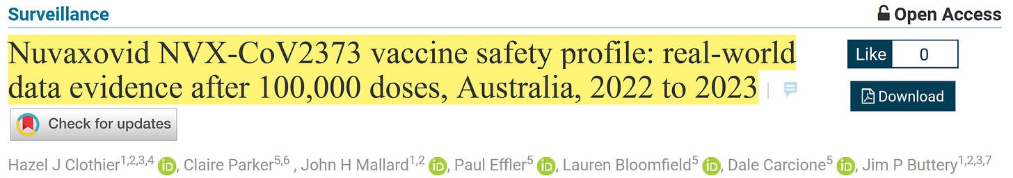 Screenshot from medrxiv.org dated March 17th, 2024. Highlighted title says: "Nuvaxovid NVX-CoV2373 vaccine safety profile: real-world data evidence after 100,000 doses, Australia, 2022 to 2023"
