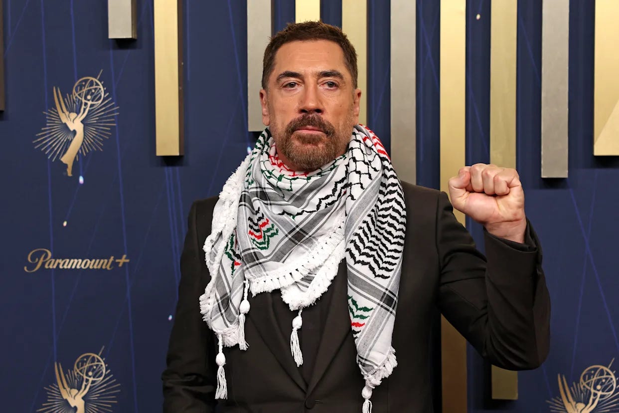Javier Bardem Says 'Free Palestine' on Emmys Red Carpet and 'I Can't Work  With Someone That Justifies or Supports the Genocide'