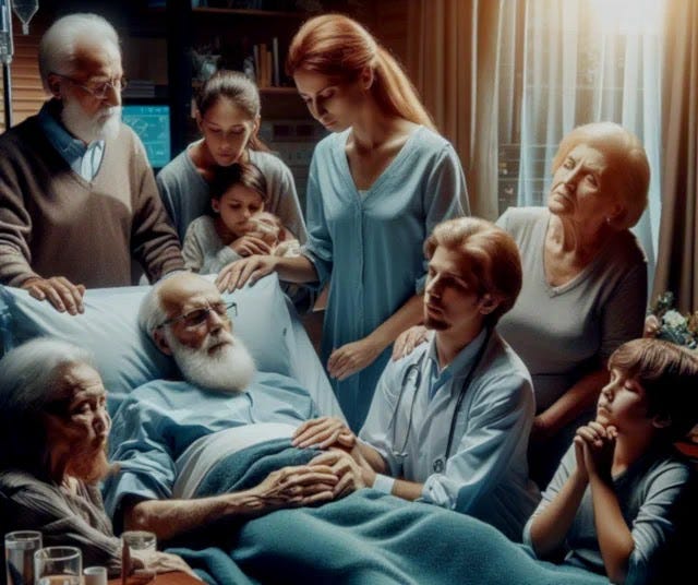 End Of Life Family members gather around an elderly man in a hospital bed, saying their heartfelt goodbyes.