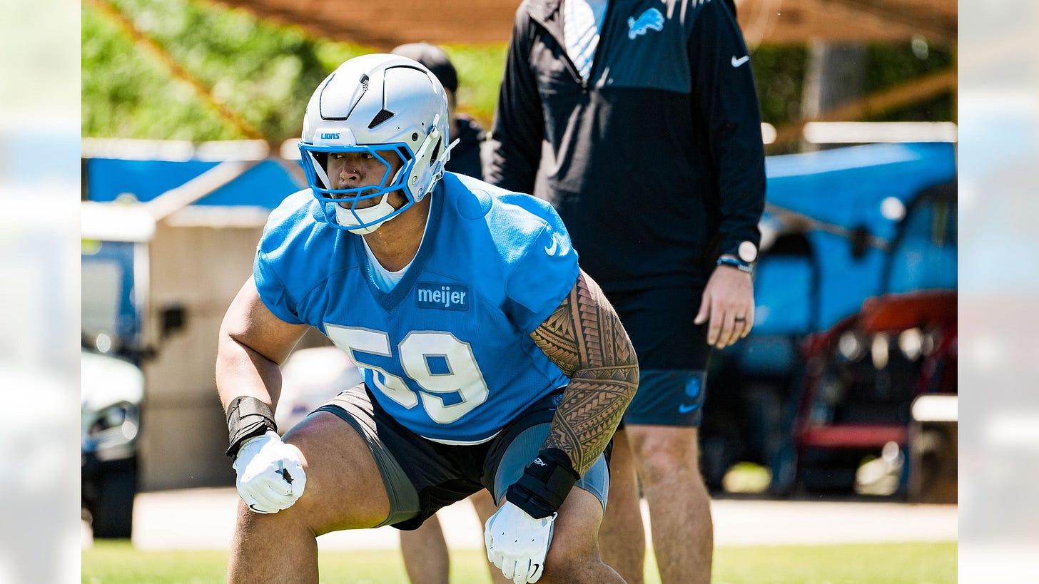 Giovanni Manu at Detroit Lions OTA 2026 looking to earn backup OT role Giovanni Manu at Detroit Lions OTA 2026 looking to earn backup OT role