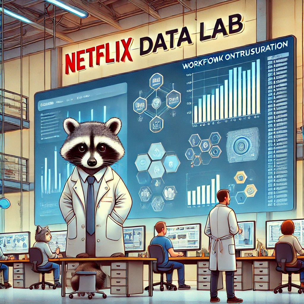 A Netflix data lab with a large screen showing workflow orchestration, and a team of engineers working. Include a curious raccoon wearing a lab coat, holding a data chart. Modern and high-tech environment.
