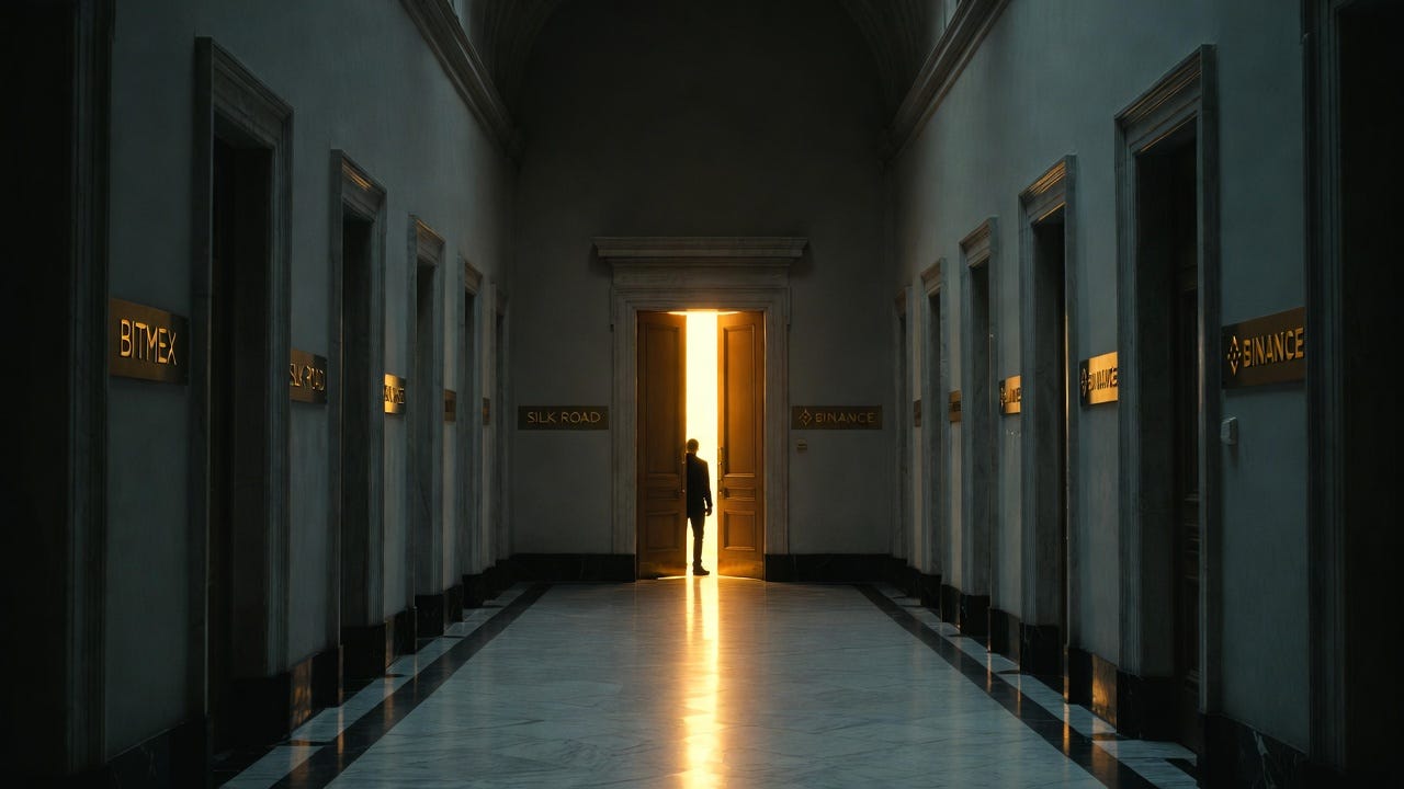 A shadowy figure stands at a glowing open door at the end of a dark government hallway lined with closed doors labeled BitMEX, Silk Road, and Binance, suggesting a pattern of selective crypto prosecutions with one entity being granted an exit others were denied A shadowy figure stands at a glowing open door at the end of a dark government hallway lined with closed doors labeled BitMEX, Silk Road, and Binance, suggesting a pattern of selective crypto prosecutions with one entity being granted an exit others were denied