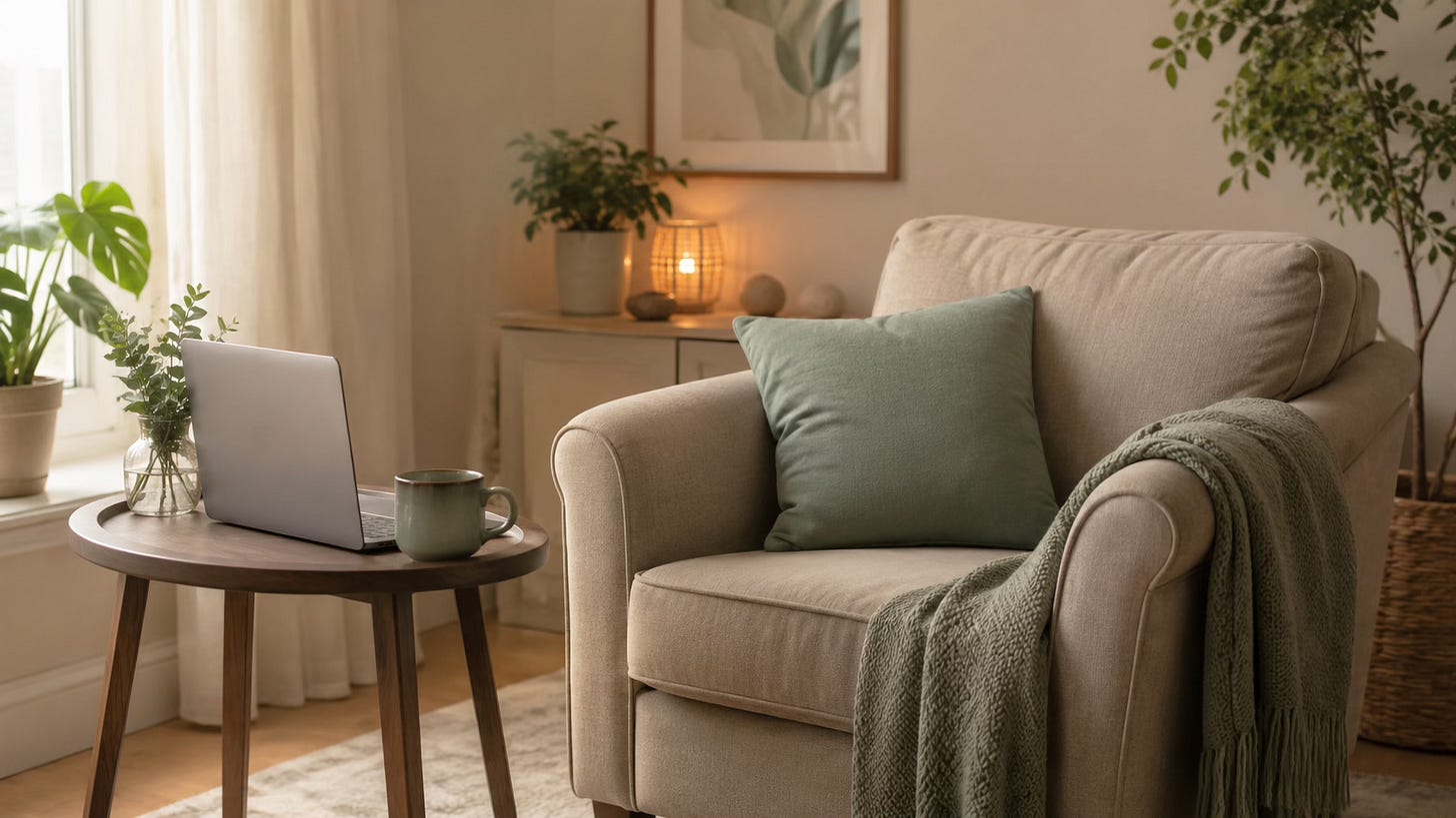 A calm home corner prepared for an online Clinical EFT session with an armchair, laptop, cup, and sage blanket.