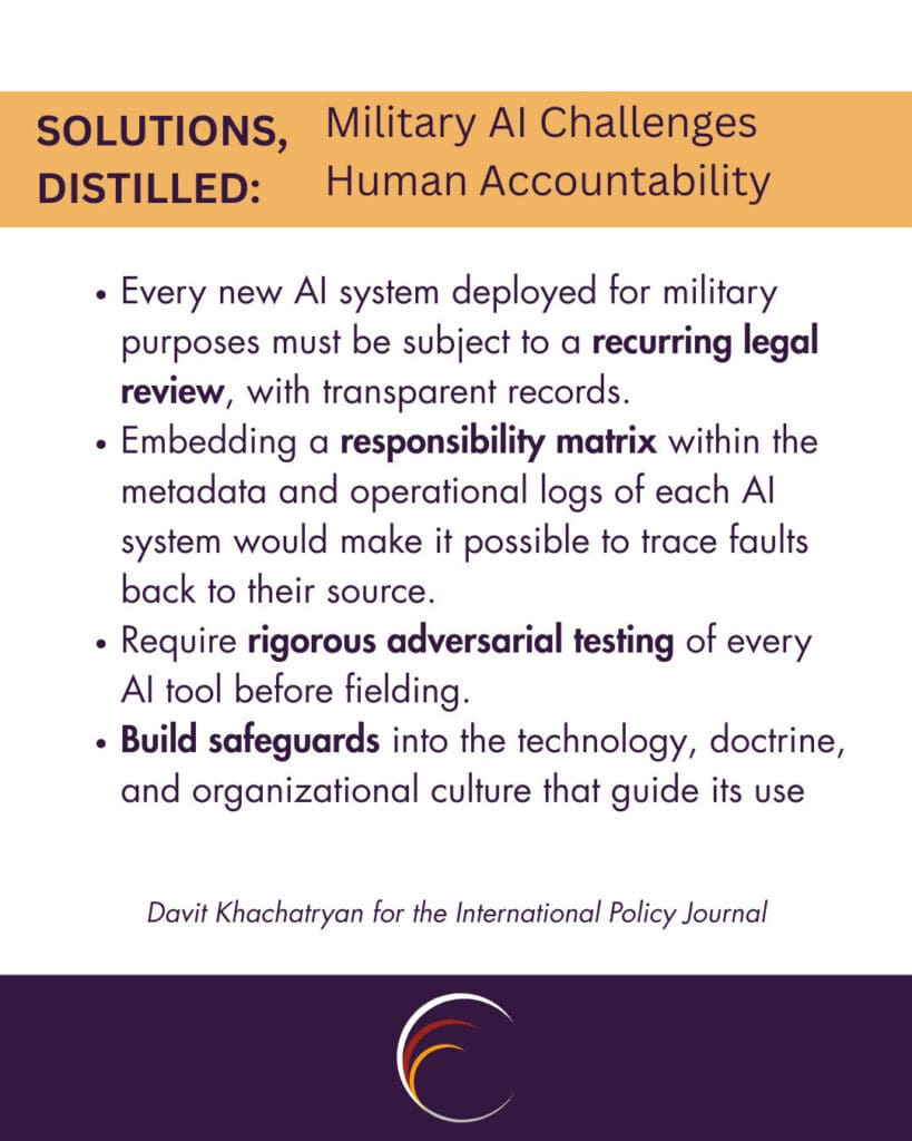 Every new AI system deployed for military purposes must be subject to a recurring legal review, with transparent records.
Embedding a responsibility matrix within the metadata and operational logs of each AI system would make it possible to trace faults back to their source.
Require rigorous adversarial testing of every AI tool before fielding.
Build safeguards into the technology, doctrine, and organizational culture that guide its use. 
