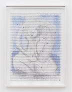 Sophie Calle 4 Sophie Calle Large bather with book 2023 Digital colour photograph, silkscreen embroidered on veil, wooden frame 60 5/8 x 45 3/8 x 2 3/4 inches Photographer: Guillaume Ziccarelli Courtesy of the artist and Perrotin ©Sophie Calle / ADAGP, Paris & ARS, New York, 2025