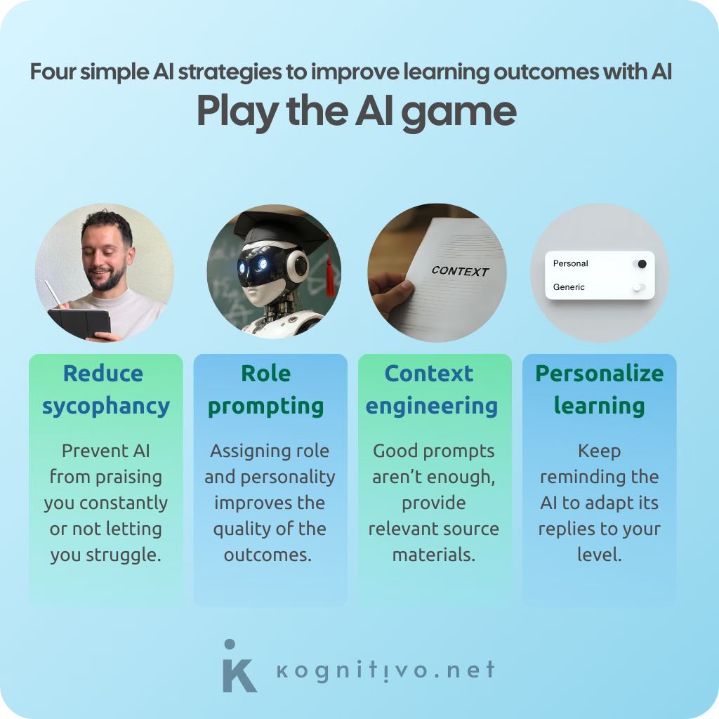 Visual summarizing four strategies to improve the AI's outcomes when using them to learn, such as reducing sycophancy, role prompting, context engineering or personalizing learning. Visual summarizing four strategies to improve the AI's outcomes when using them to learn, such as reducing sycophancy, role prompting, context engineering or personalizing learning.