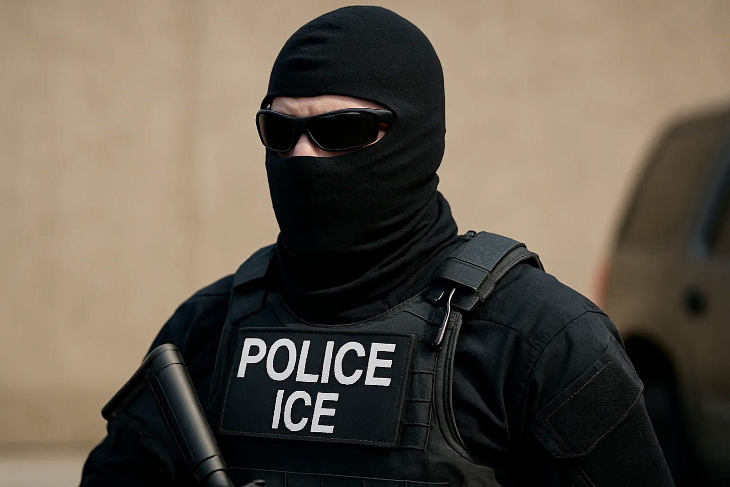 An ICE agent in a ski mask and dark glasses dressed in black with a bullet proof vest and rifle intimidates.