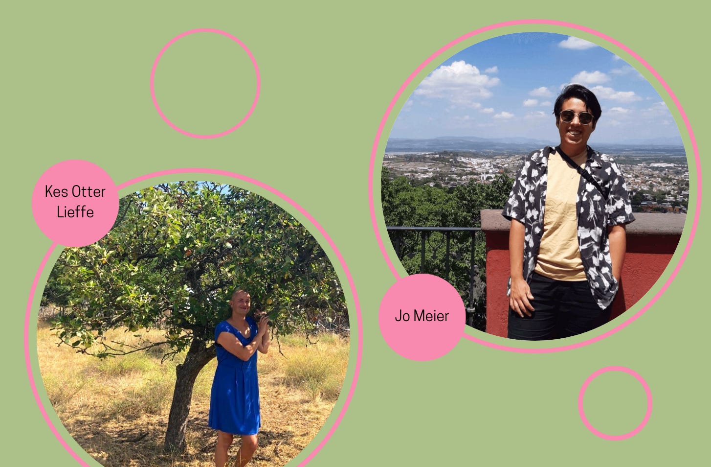 Image shows a series of pink rings on a green background. Two rings contain photographs, in the bottom left is a photograph of Kes Otter Lieffe standing under an apple tree, in the top right is a photograph of Jo Meier with a cityscape behind them. Image shows a series of pink rings on a green background. Two rings contain photographs, in the bottom left is a photograph of Kes Otter Lieffe standing under an apple tree, in the top right is a photograph of Jo Meier with a cityscape behind them.
