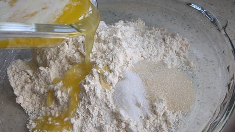 Ingredients for crust before mixing, on pressing in, and after baking.
