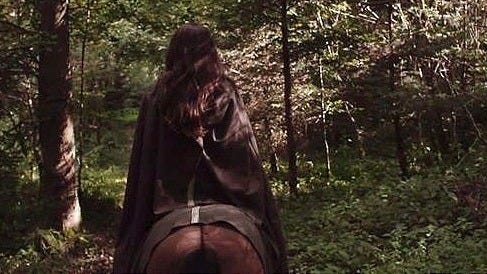 This may contain: a woman riding on the back of a brown horse through a forest filled with trees